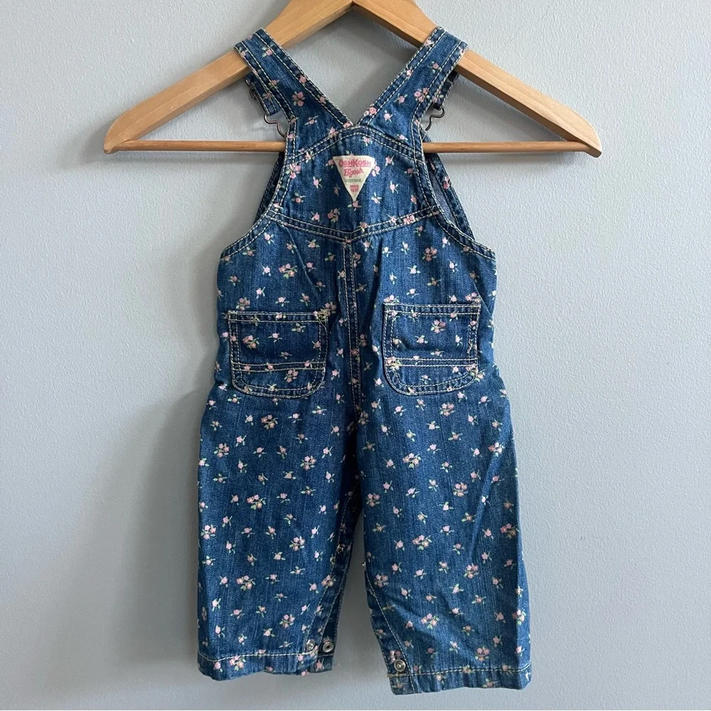 OshKosh B’Gosh Girls Floral Denim Overalls Size 9 Mo. Spring Vestbak Butterfly